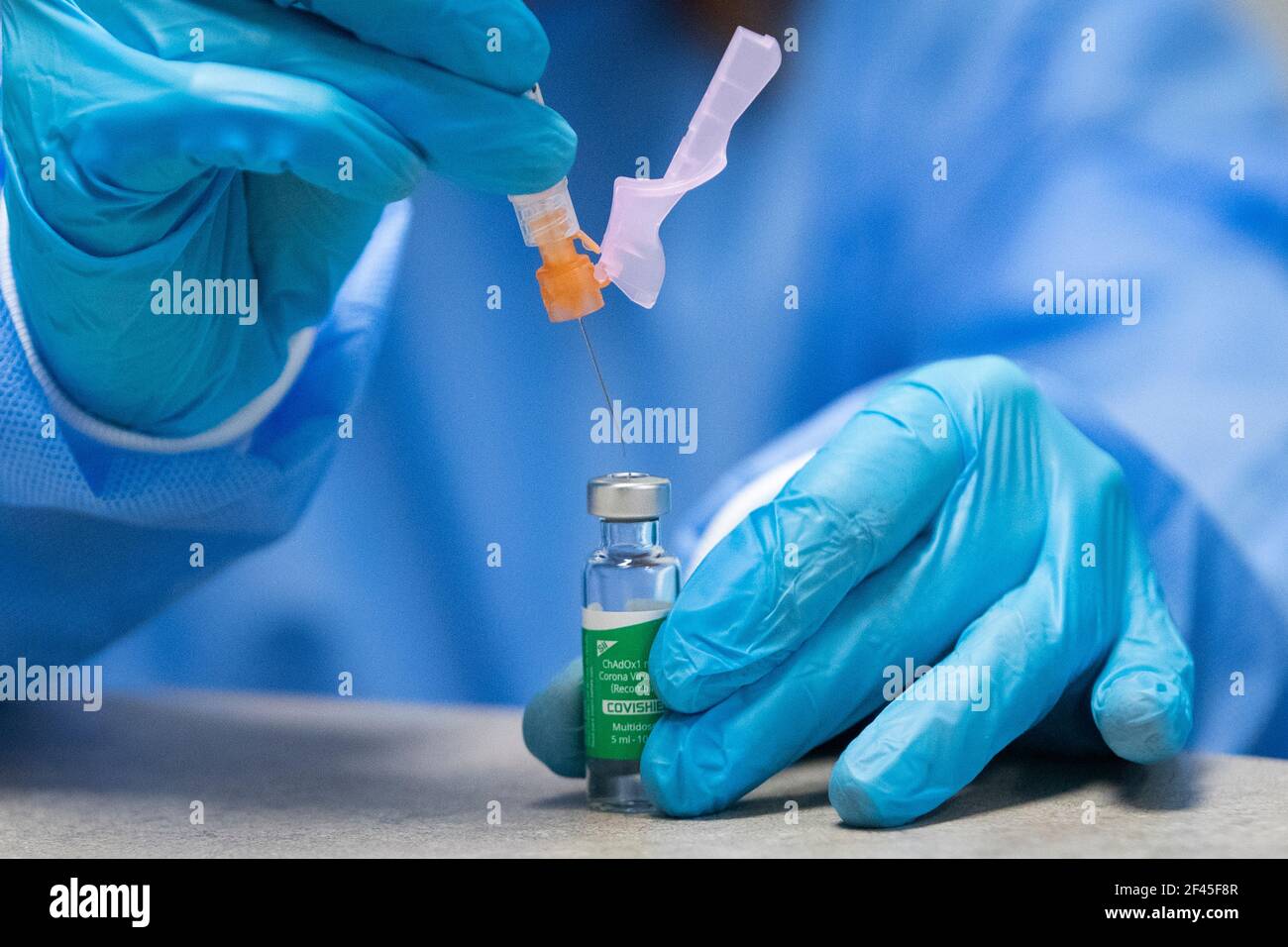 A vial of the AstraZeneca COVID-19 vaccine at a pharmacy in Amherstview, Ontario on Tuesday, March 16, 2021, as the COVID-19 pandemic continues across Stock Photo