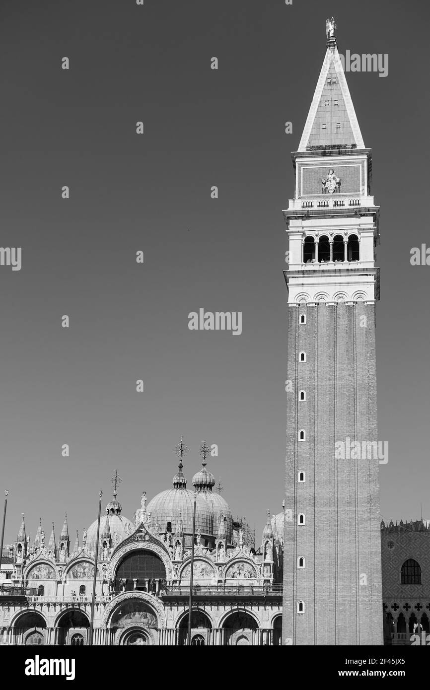 The Campanile and  Saint Mark's basilica in Venice, Italy. Black and white photography, venetian landmarks Stock Photo