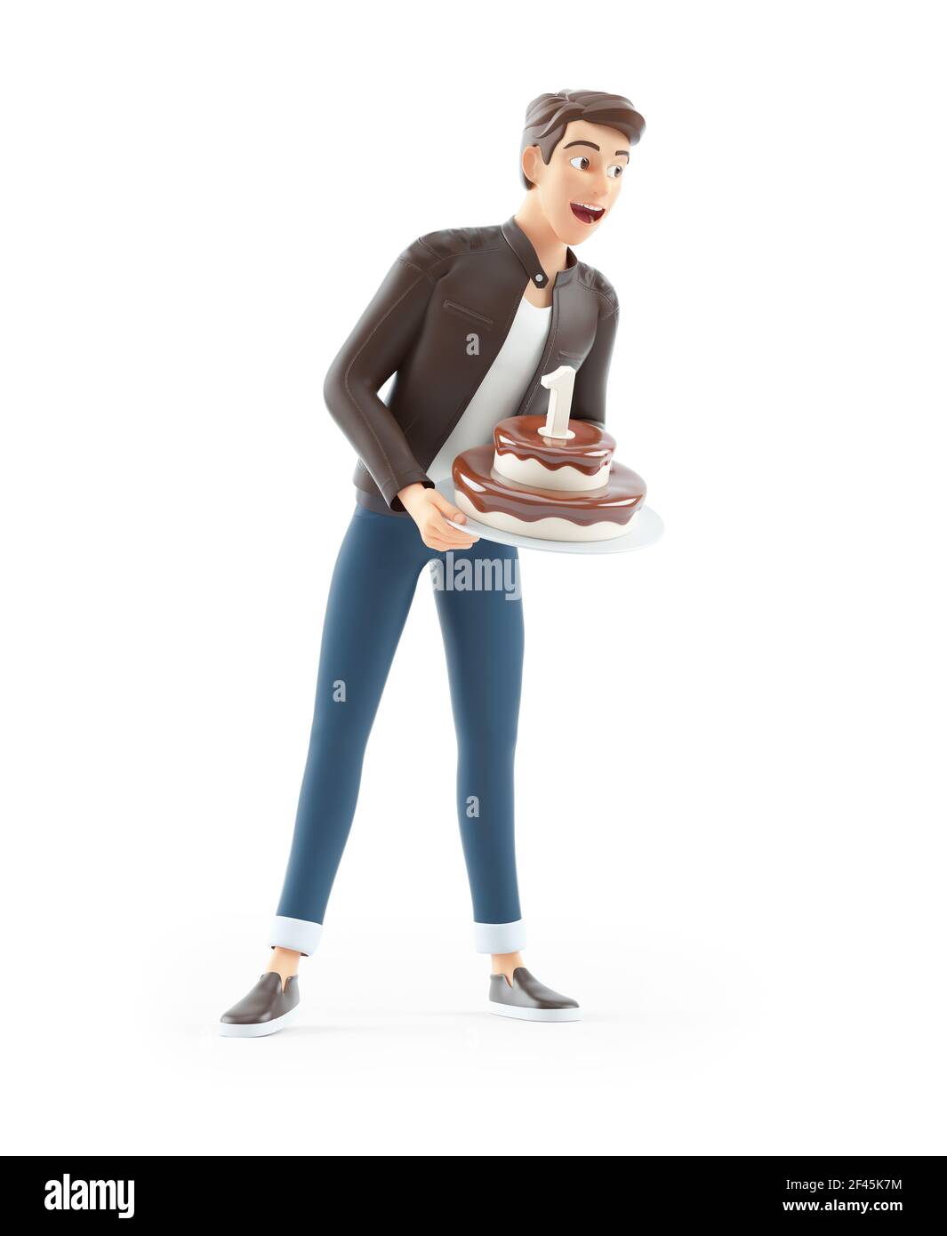 3d cartoon man holding birthday cake, illustration isolated on white background Stock Photo