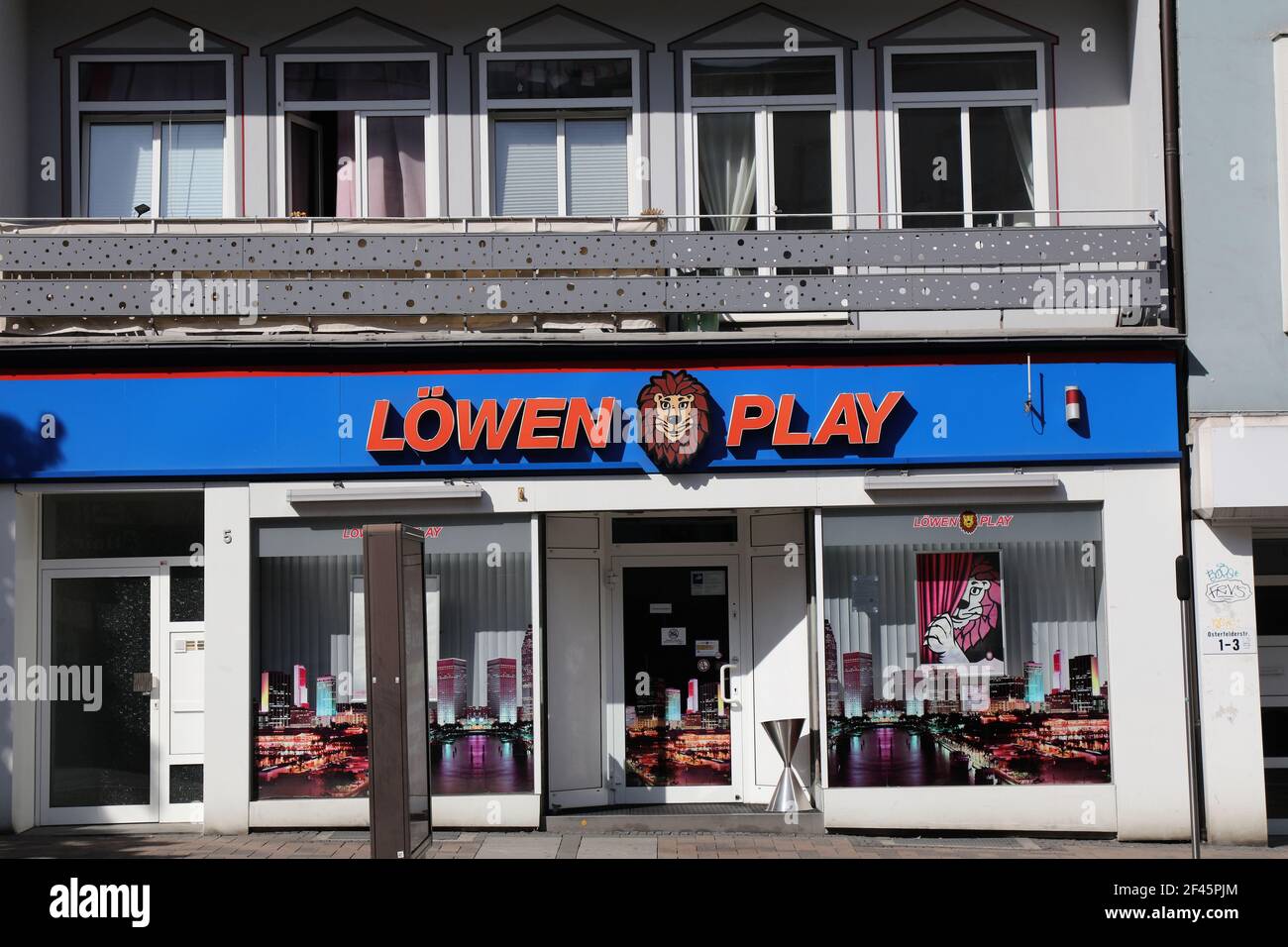 BOTTROP, GERMANY - SEPTEMBER 20, 2020: Lowen Play in Bottrop, Germany. In 2018 almost 9,000 locations in Germany had 'Spielhalle' license (amusement a Stock Photo