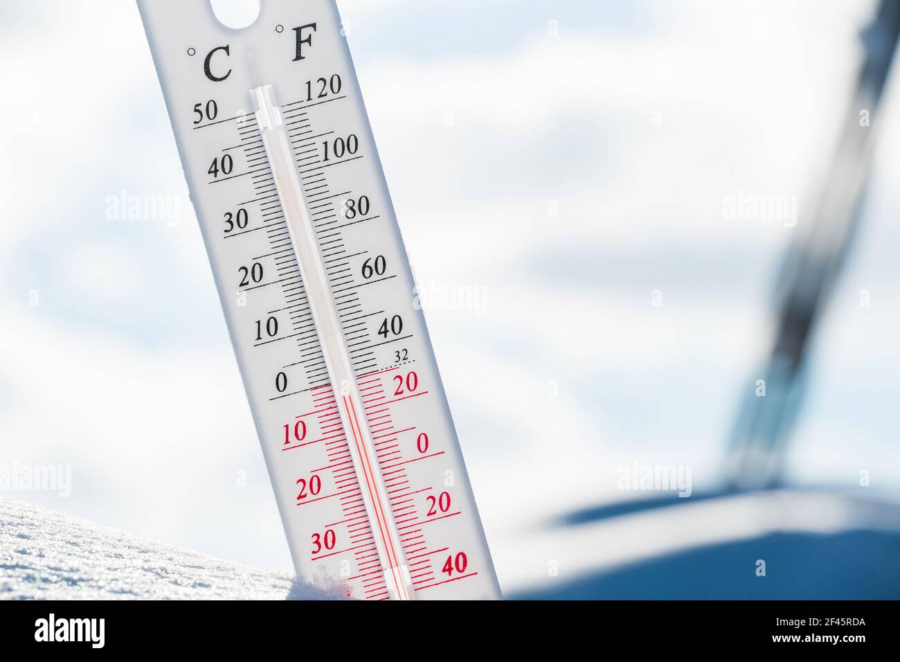 The thermometer lies on the snow and shows a negative temperature in cold  weather on the blue sky.Meteorological conditions with low air and ambient  t Stock Photo - Alamy