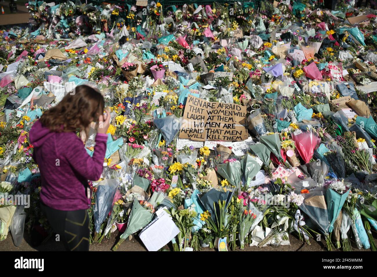 Floral tributes at the bandstand in Clapham Common, London, for Sarah Everard. Pc Wayne Couzens, 48, appeared at the Old Bailey in London charged with the kidnap and murder of the 33-year-old. Picture date: Friday March 19, 2021. Stock Photo