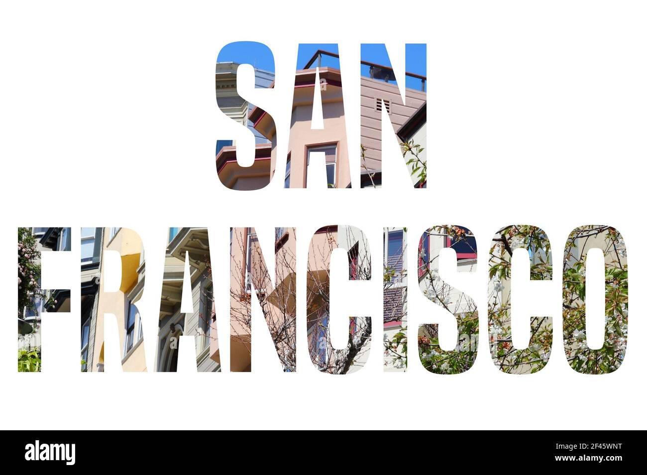 San Francisco, California - city name sign with photo in background. Isolated on white. Stock Photo