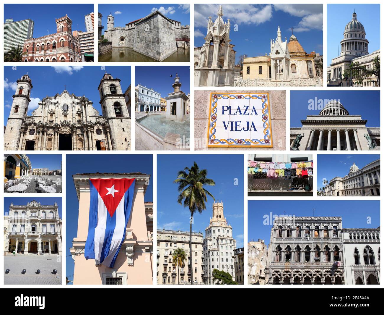 Havana, Cuba photos collage - travel memories photo collection. Images of Capitolio, the cathedral and colonial architecture. Stock Photo
