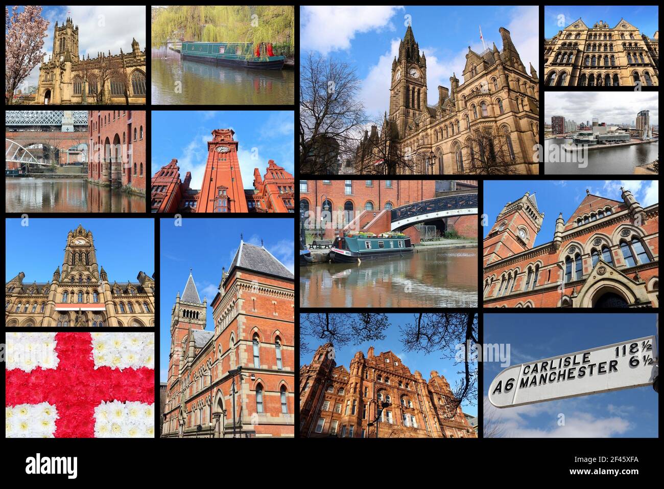 Manchester, UK travel photos collage. Collage includes major landmarks like City Hall, Castlefield waterway district and the Cathedral. Stock Photo