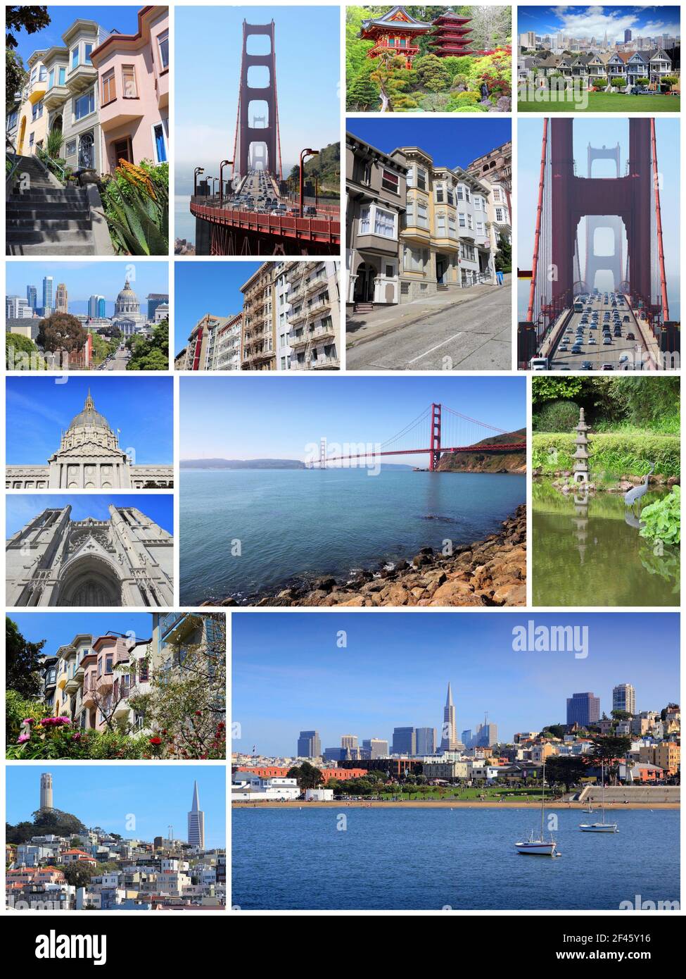 San Francisco collage - photo collection with Alamo Square, Nob Hill, Telegraph Hill, Grace Cathedral and Golden Gate Bridge. Stock Photo