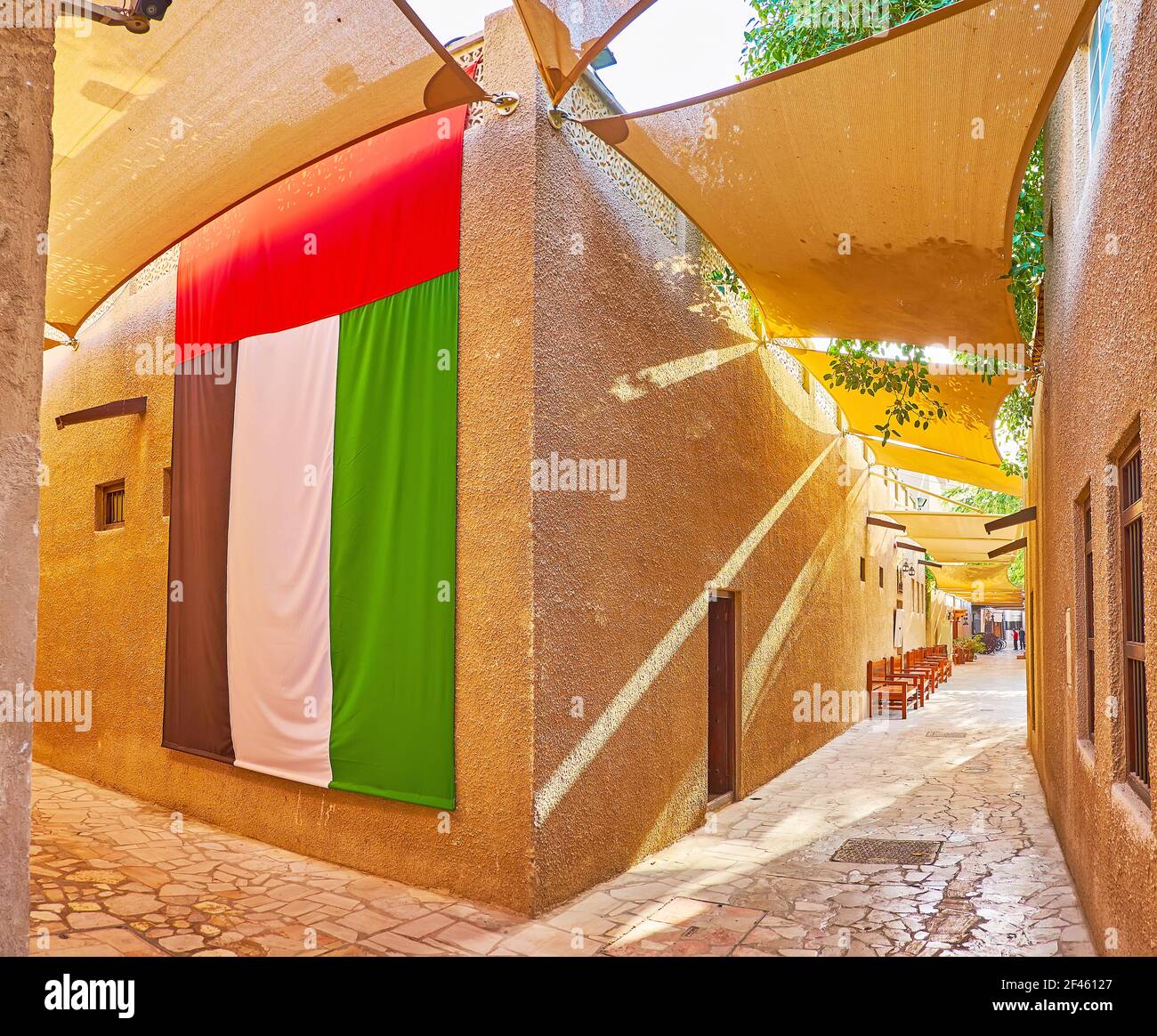 The maze of narrow streets of Al Fahidi with awning, providing the