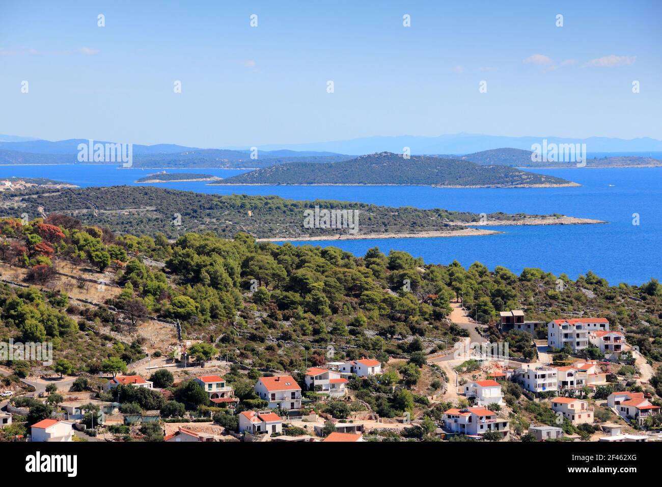 Kornati Islands and Croatian town. Razanj town in Dalmatia - beautiful Mediterranean coast landscape in Croatia. Adriatic Sea bay. Stock Photo