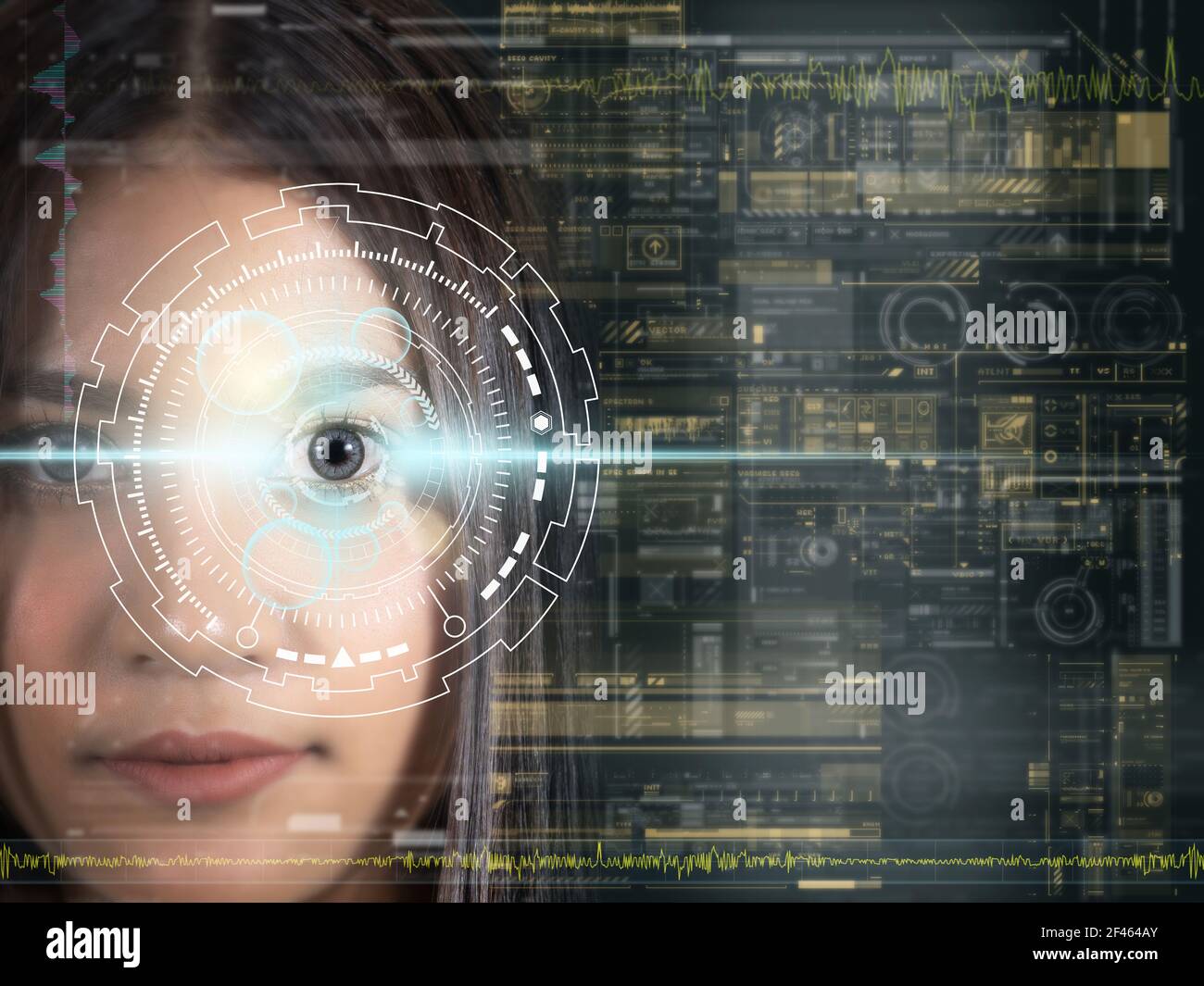 Asian women being futuristic vision, digital technology screen over the eye vision background, security and command in the accesses. surveillance and Stock Photo