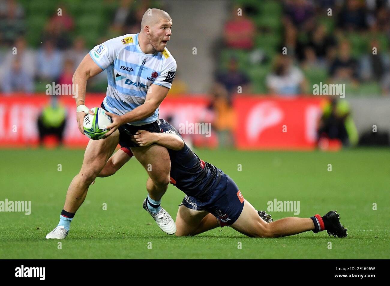 19th March 2021; Melbourne Rectangular Stadium, Melbourne, Victoria, Australia; Australian Super Rugby, Melbourne Rebels versus New South Wales Waratahs; Joe Powell of the Rebels tackles Carlo Tizzano of the Waratahs Stock Photo