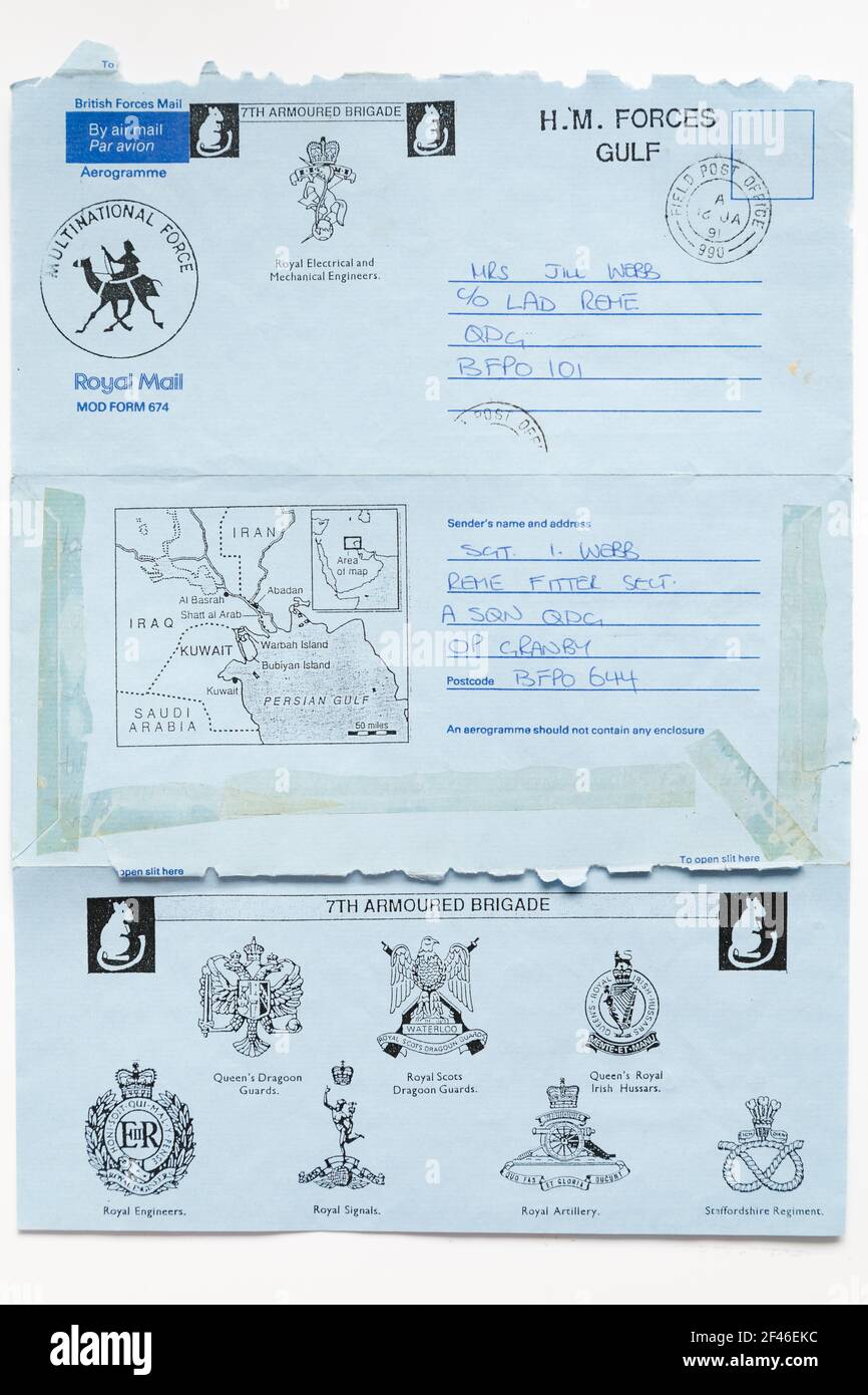 Gulf War British Bluey Forces airmail letter sent from the Gulf War theatre to family in Germany, with 7th Armoured Brigade Unit stamps. Stock Photo