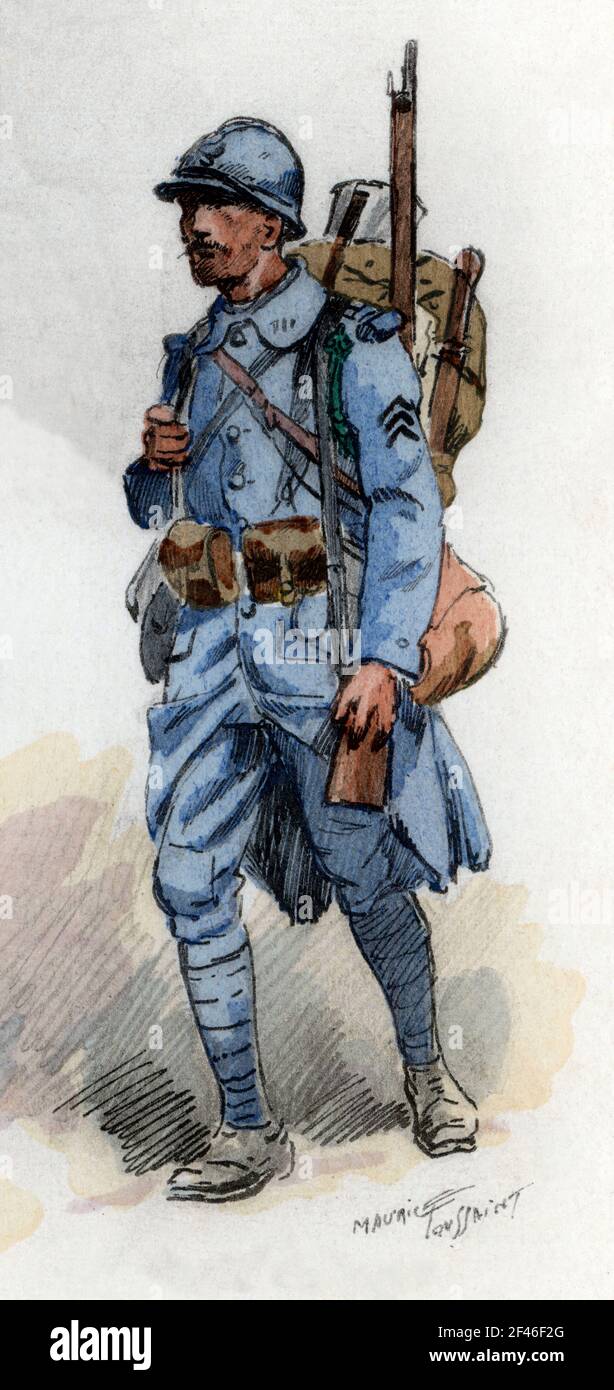 Francia. Uniformes de regimiento franceses. Soldado de infantería de línea en 1916. Grabado de 1945. Author: MAURICE TOUSSAINT. Stock Photo