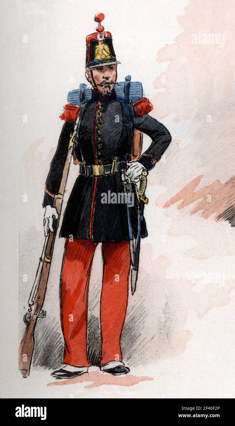 Francia. Uniformes de regimiento franceses. Infantería de línea en 1852. Grabado de 1945. Author: MAURICE TOUSSAINT. Stock Photo