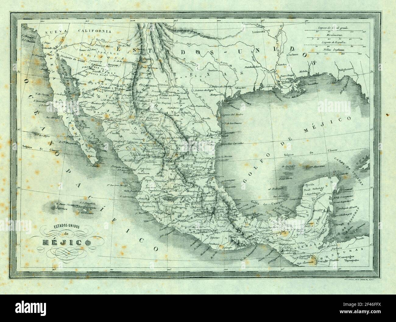 Mapa físico-político de los Estados Unidos de Méjico. Grabado de 1870. Stock Photo