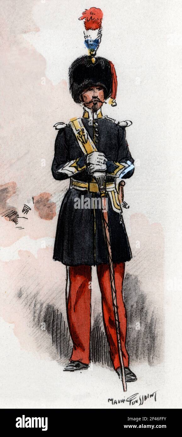 Francia. Uniformes de regimiento franceses. Tambor mayor de infantería ligera en 1848. Grabado de 1945. Author: MAURICE TOUSSAINT. Stock Photo