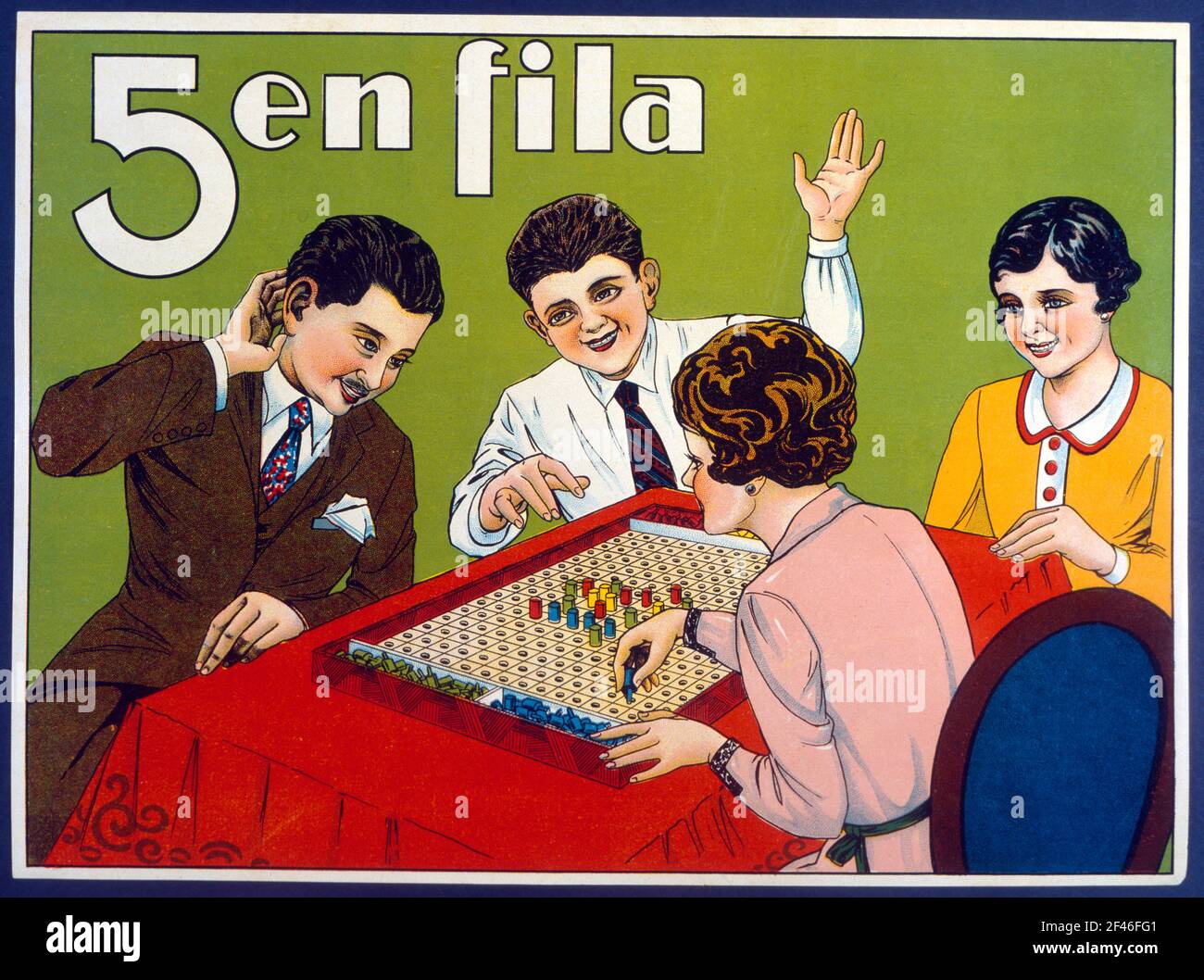 Juguetes de cartón y madera. Caja del juego 5 en Fila, fabricado por Juguetes Borrás, de Mataró. Año 1935. Stock Photo