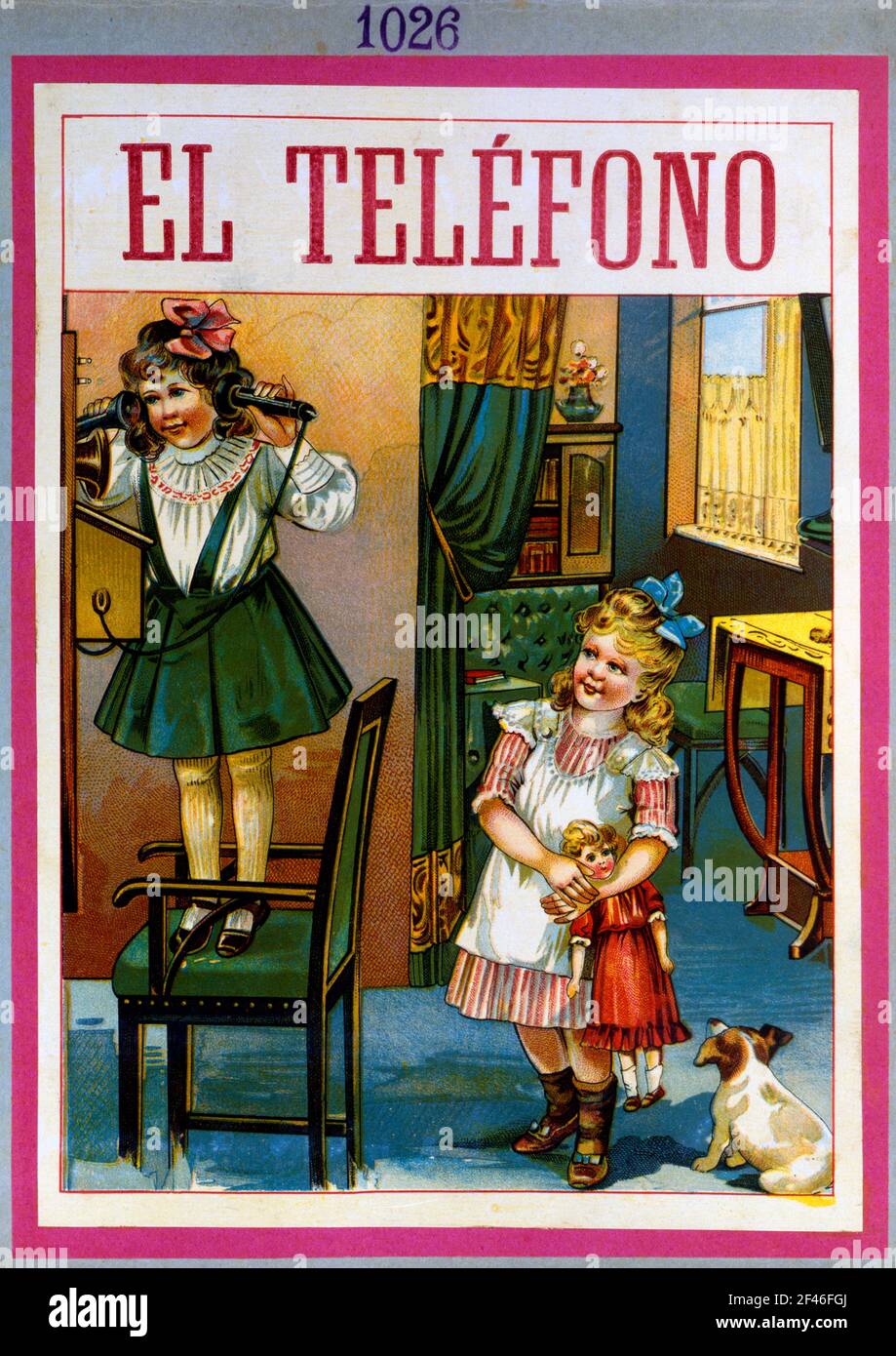 Juguetes de cartón y madera. Caja del juego El Teléfono, fabricado por Juguetes Borrás, de Mataró. Año 1914. Stock Photo