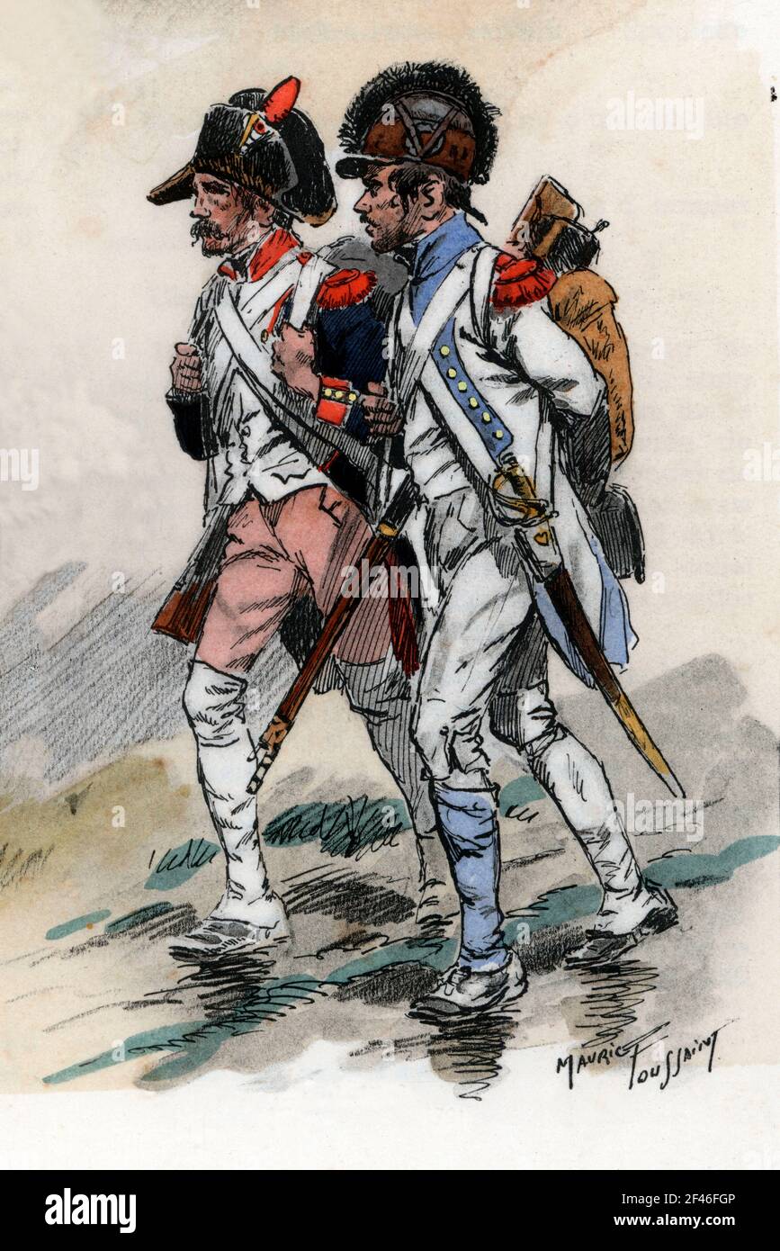 Francia. Uniformes de regimiento franceses. Soldados de infantería de 1791 y 1793. Grabado de 1945. Author: MAURICE TOUSSAINT. Stock Photo