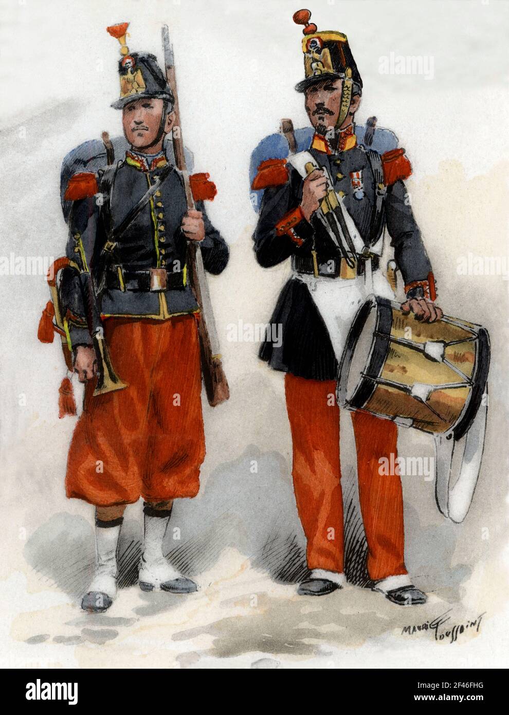 Francia. Uniformes de regimiento franceses. Corneta y tambor de infantería de línea en 1860 y 1858. Grabado de 1945. Author: MAURICE TOUSSAINT. Stock Photo
