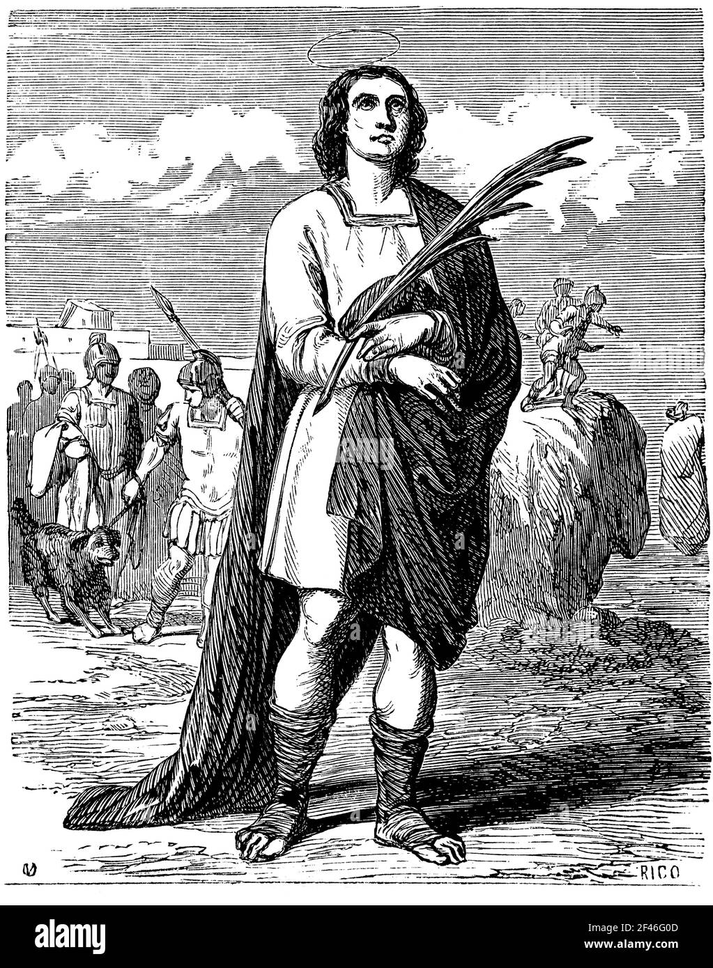 San Ulpiano (?-306), mártir que, siendo adolescente en Tiro, fue arrojado al mar encerrado en un odre durante la persecución bajo el emperador Maximio Daza. Grabado de 1852. Stock Photo