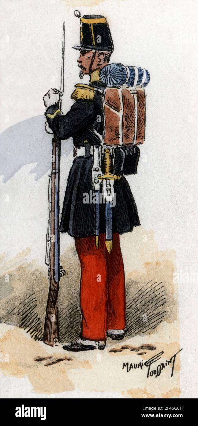 Francia. Uniformes de regimiento franceses. Soldado de infantería ligera en 1845. Grabado de 1945. Author: MAURICE TOUSSAINT. Stock Photo