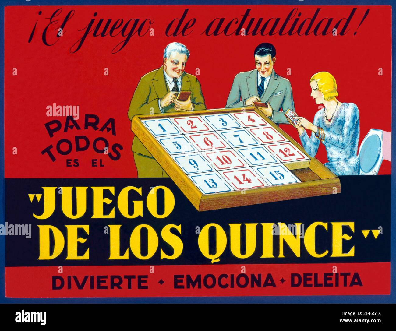 Juguetes de cartón y madera. Caja del juego de Los Quince, fabricado por Juguetes Borrás, de Mataró. Año 1933. Stock Photo
