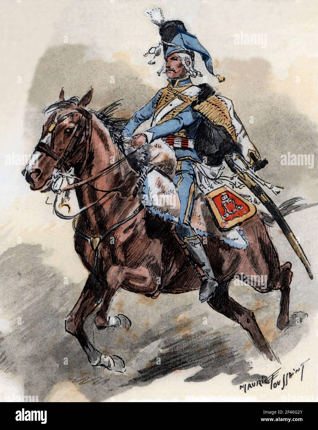 Francia. Uniformes de regimiento franceses. Húsar de Lauzun en 1786. Grabado de 1945. Author: MAURICE TOUSSAINT. Stock Photo