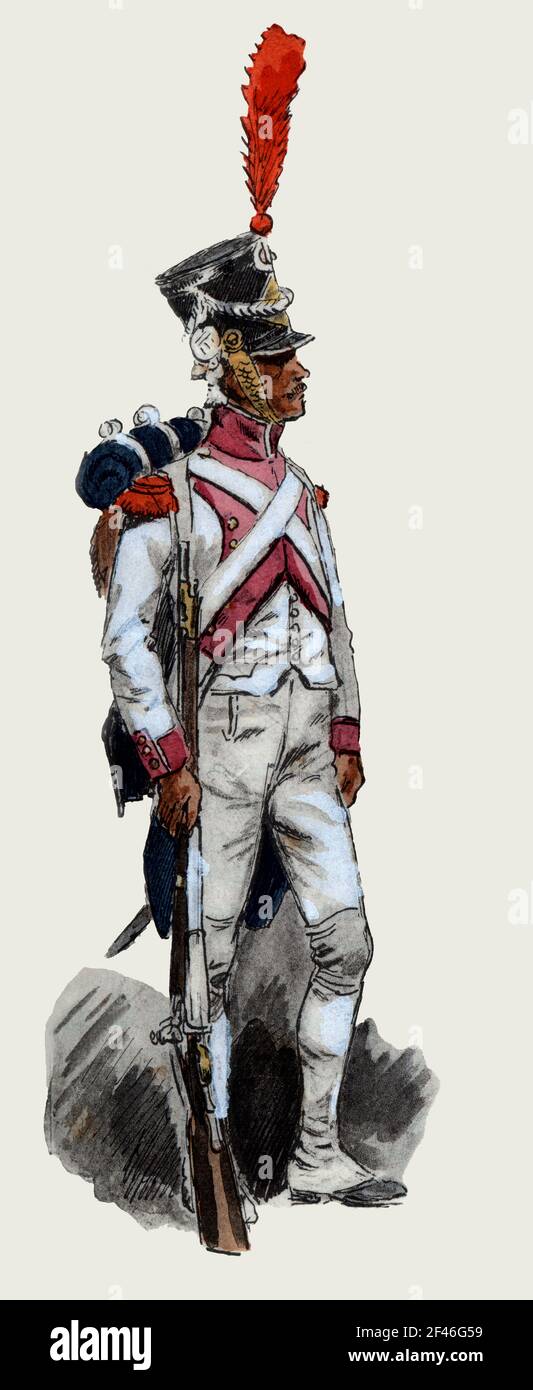 Francia. Uniformes de regimiento franceses. Granadero de infantería en 1806. Grabado de 1945. Author: MAURICE TOUSSAINT. Stock Photo