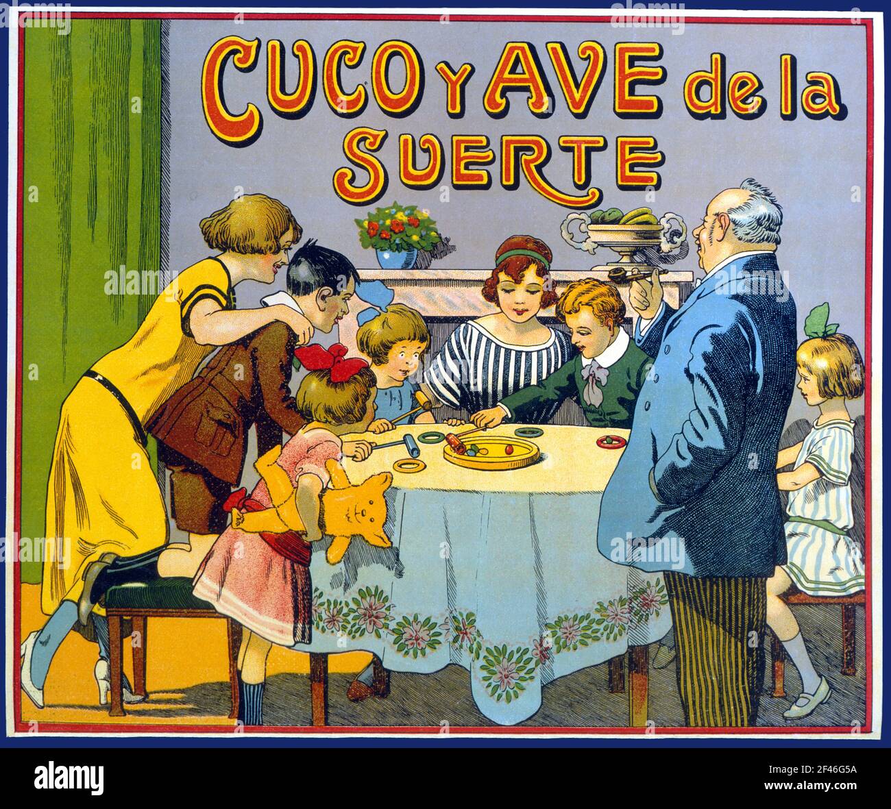 Juguetes de cartón y madera. Caja del juego Cuco y Ave de la Suerte, fabricado por Juguetes Borrás, de Mataró. Año 1929. Stock Photo