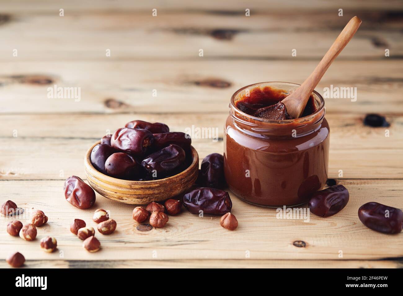 Hazelnut Chocolate Date Spread (vegan and sugar-free) Stock Photo