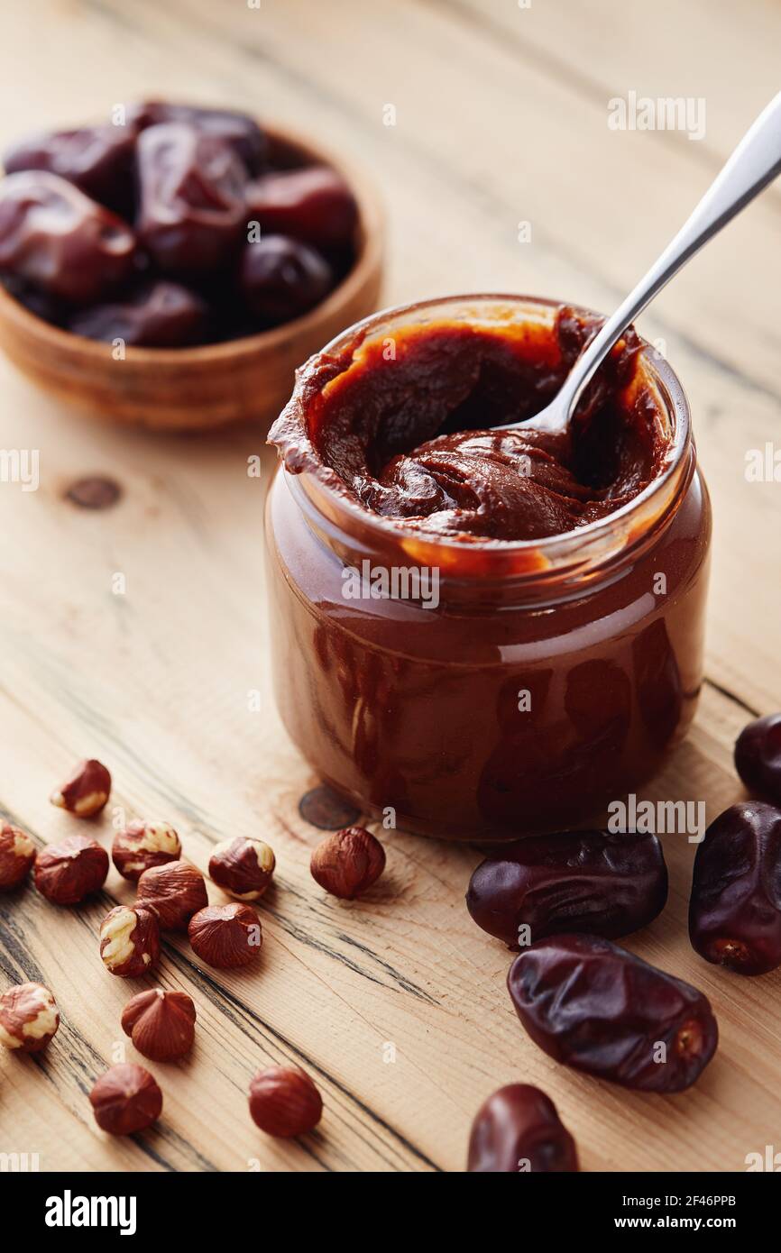 Hazelnut Chocolate Date Spread (vegan and sugar-free) Stock Photo