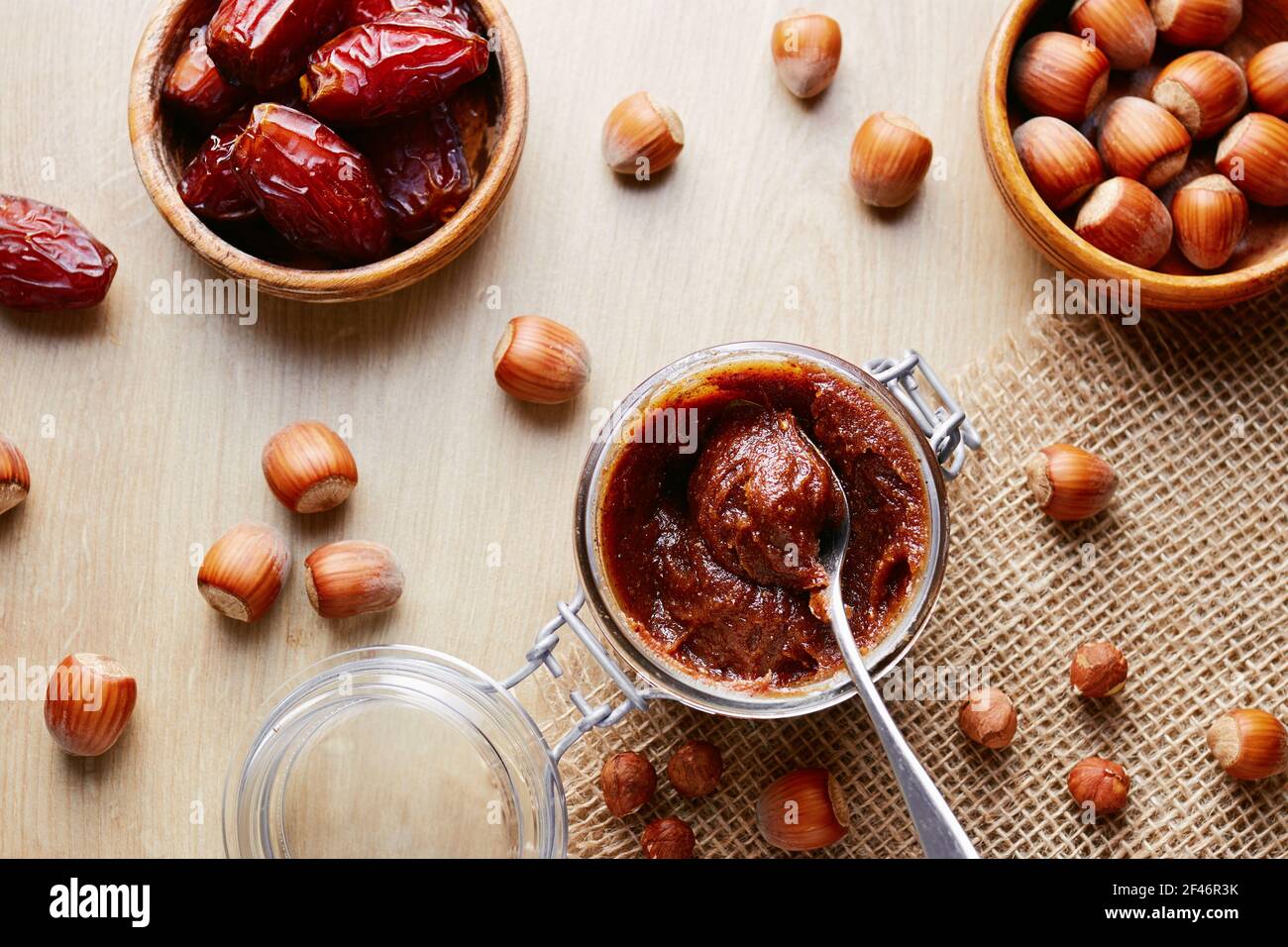 Jar of homemade chocolate hazelnut date spread Stock Photo Alamy