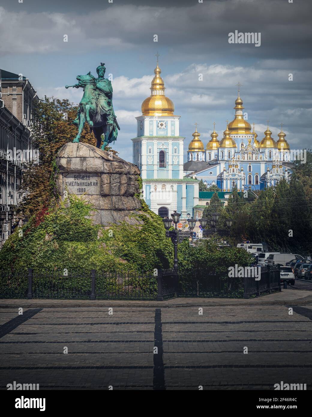 Sofievskaya Square with Bohdan Khmelnytsky Monument and St. Michael's Golden-Domed Monastery - Kiev, Ukraine Stock Photo