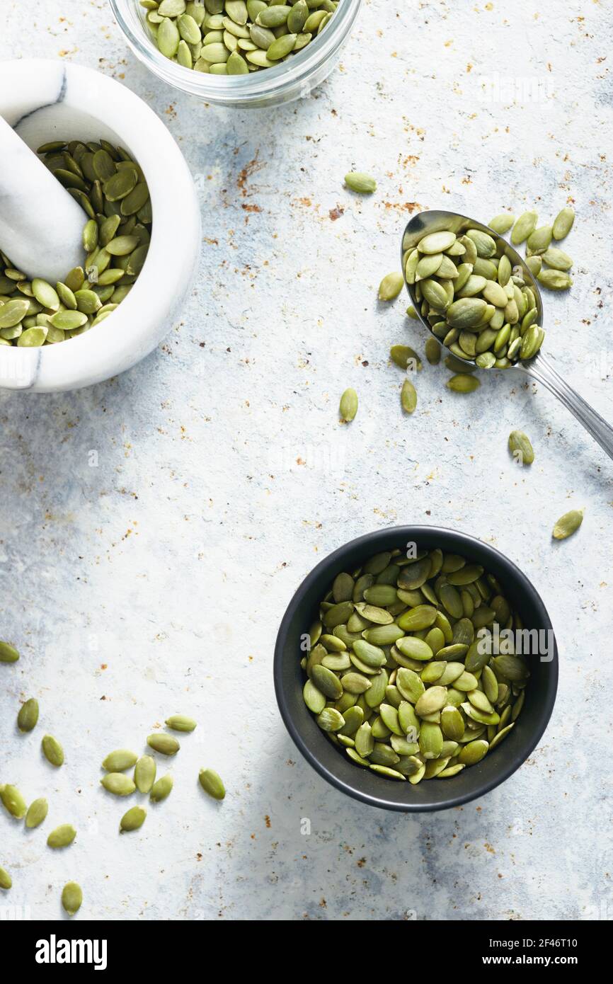 Close-Up Of Pumpkin Seeds On Table Stock Photo