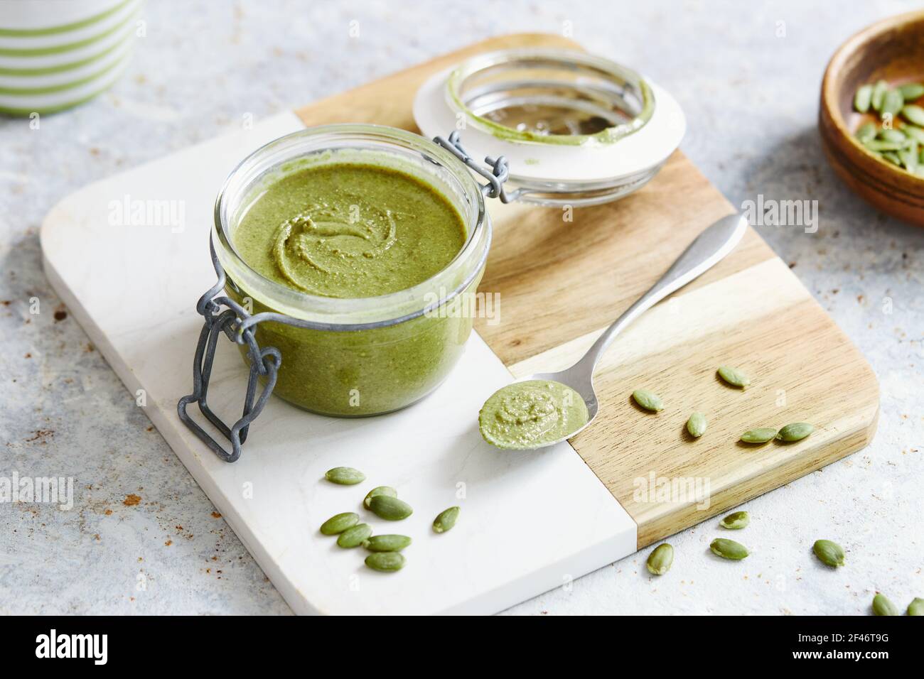 Creamy pumpkin seed butter (nut free Stock Photo Alamy