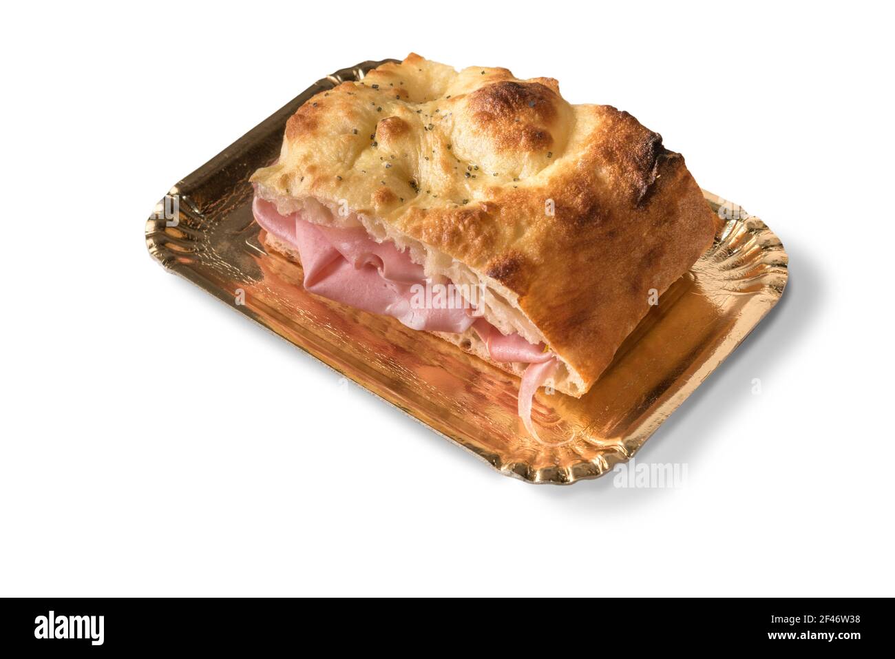 Focaccia bread sandwich filled with bologna mortadella in takeaway tray isolated on white Stock Photo