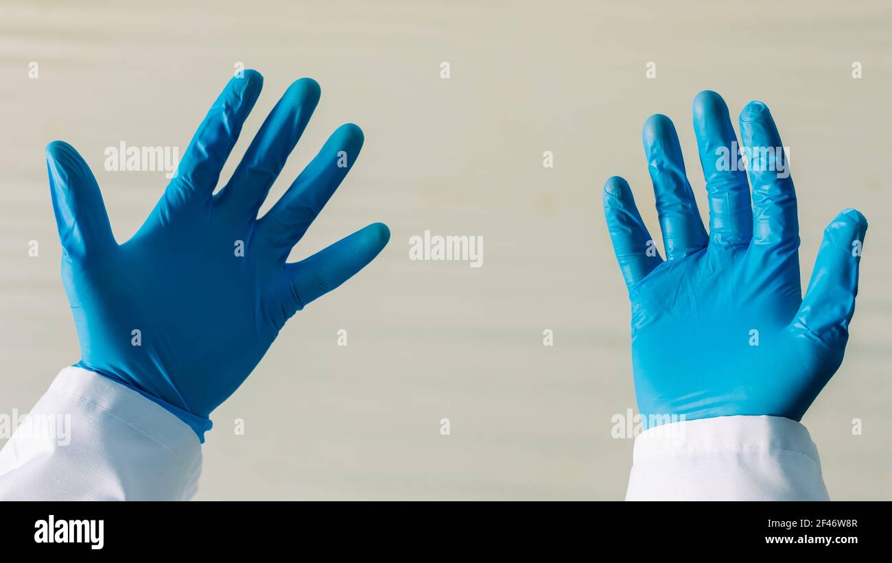 doctor is showing his hands in protective gloves . Stock Photo
