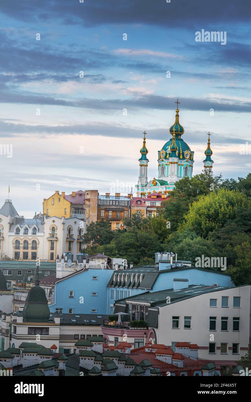 Aerial skyline of Kyv with St. Andrew's church at sunset - Kiev, Ukraine Stock Photo