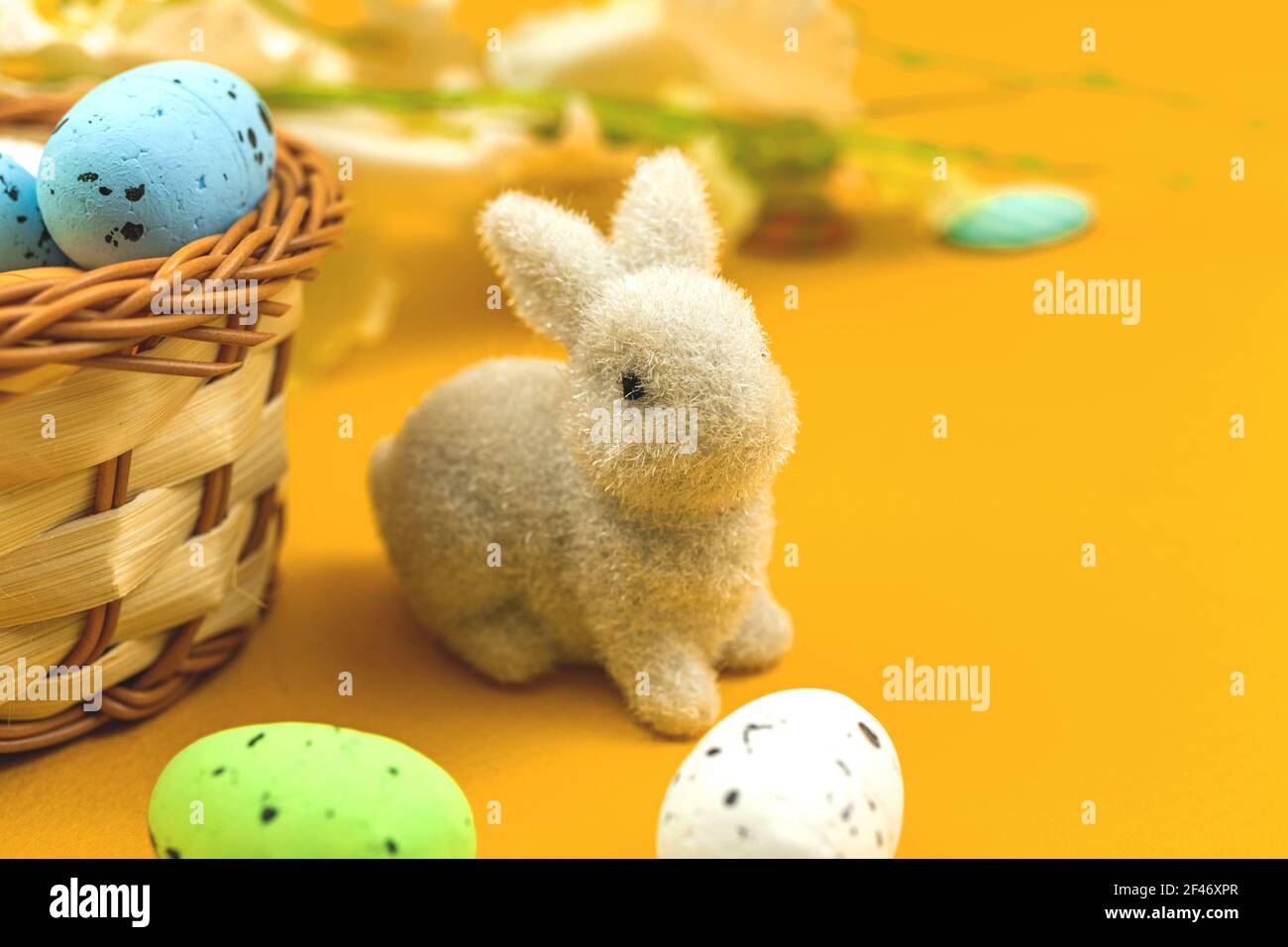 Cute bunny with colorful ester eggs in nests, spring and festive background photo Stock Photo