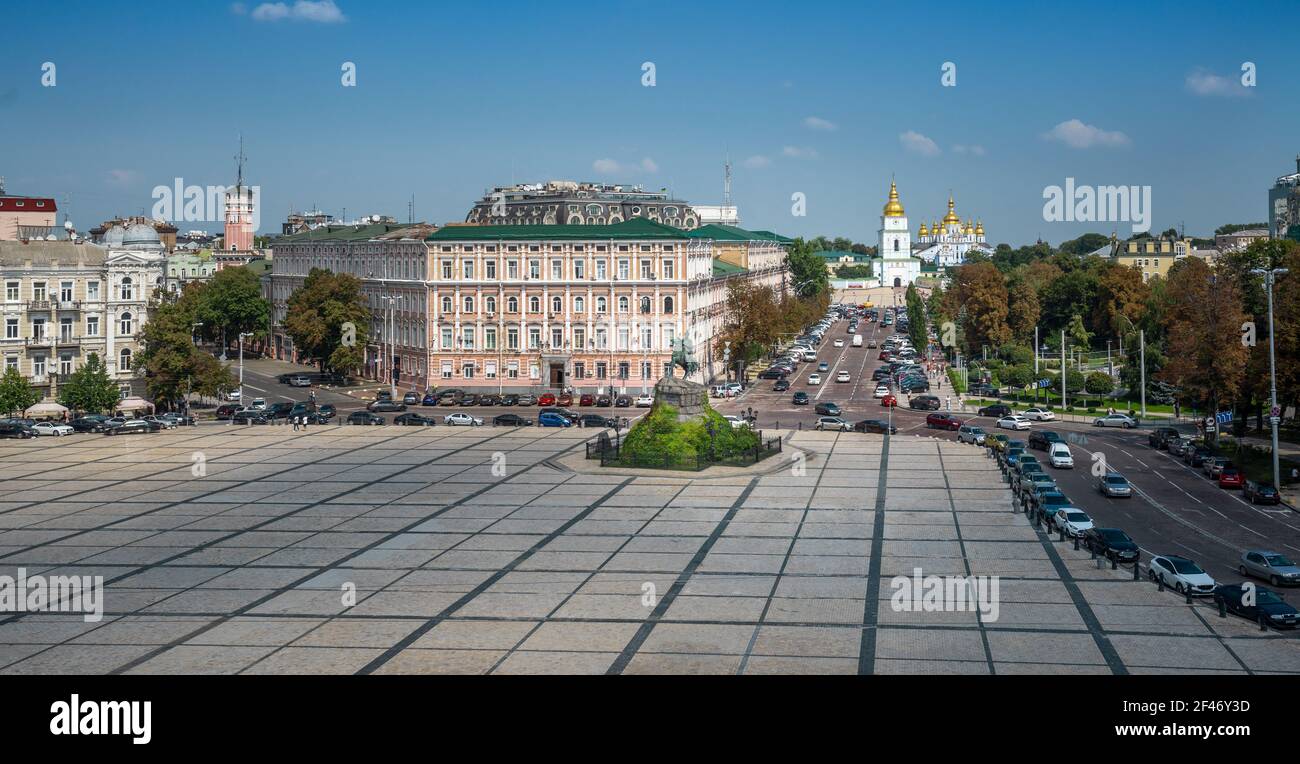 Aerial view of Bohdan Khmelnytsky Monument at Sofievskaya Square and St. Michael's Golden-Domed Monastery - Kiev, Ukraine Stock Photo