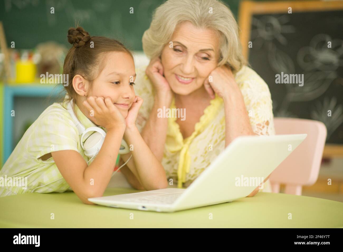 Portrait of grandmother and granddaughter using laptop Stock Photo - Alamy