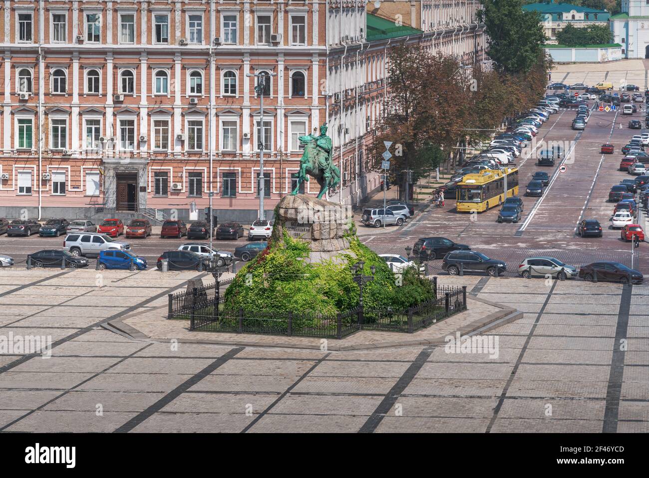 Aerial view of Bohdan Khmelnytsky Monument at Sofievskaya Square - Kiev, Ukraine Stock Photo