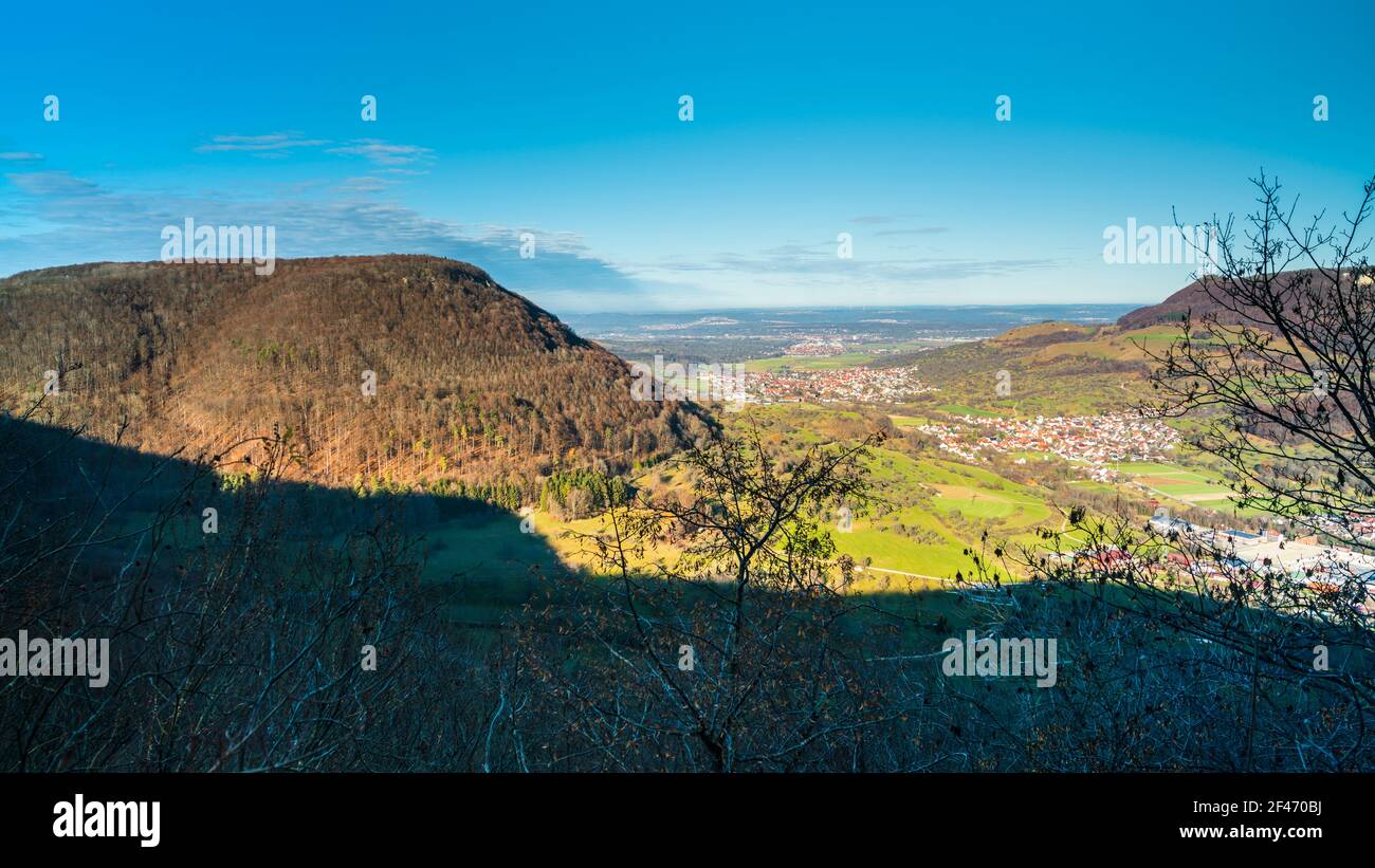 Germany, Magical view above mountains of swabian jura nature landscape ...