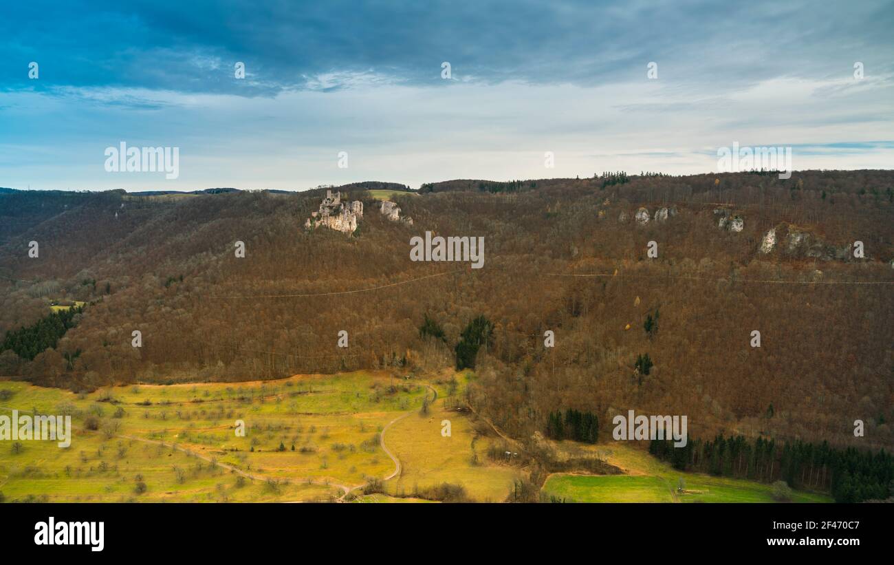 Germany, Magical view above mountains and valley of swabian jura nature ...