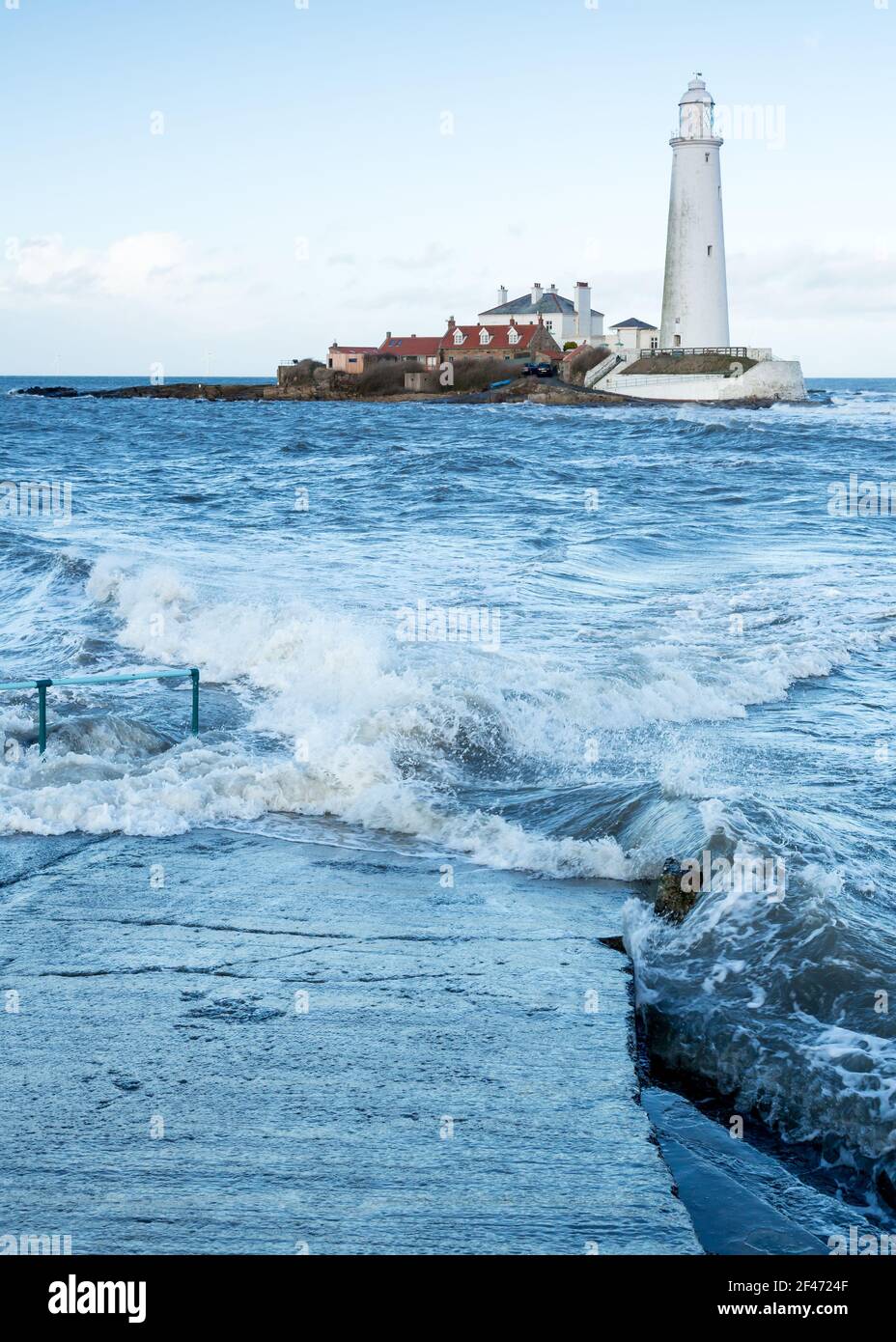 High Tide over the causeway to St Marys Lighthouse, Whitley Bay, on the