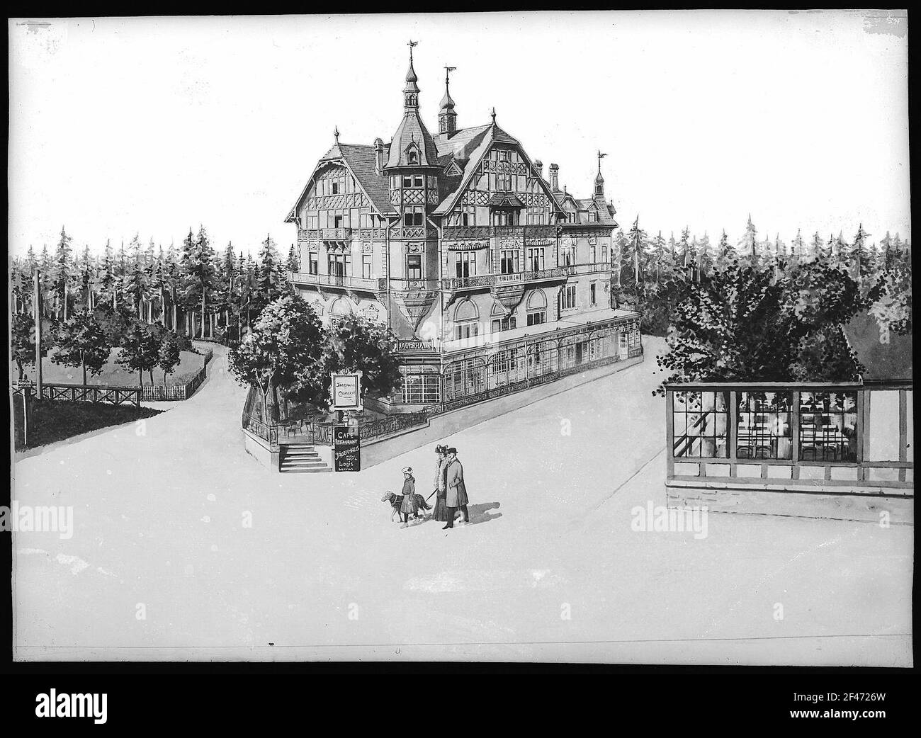 Carlsbad. Café Jägerhof (Etablissement Jägerhaus). Painted photography Stock Photo