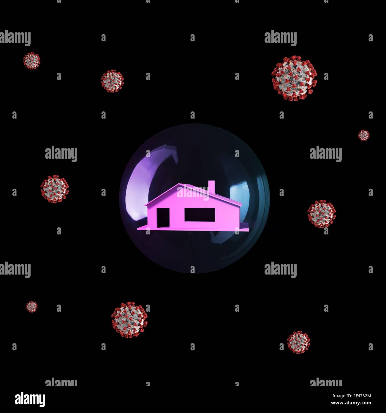 Pink house inside bubble with coronaviruses outside. Epidemic virus 2019-nCoV Respiratory Syndrome. Stay home concept. Stock Photo