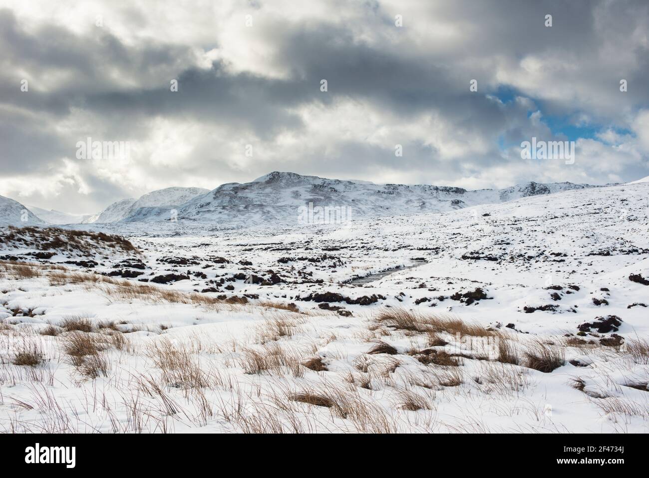 Looking towards Sgurr nan Clach Geala across the snowy moors of Braemore, Scottish Highlands, Scotland Stock Photo