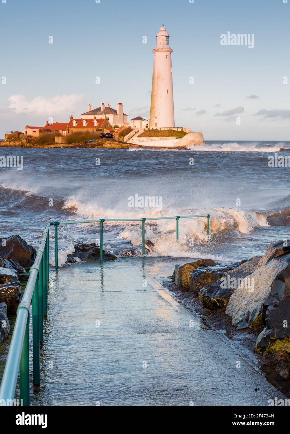 High Tide over the causeway to St Marys Lighthouse, Whitley Bay, on the
