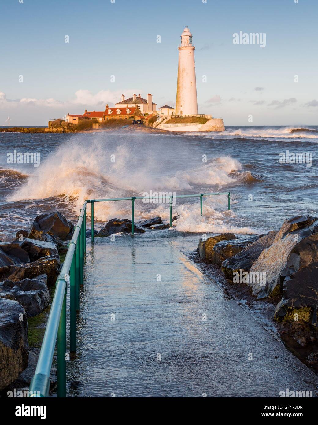 High Tide over the causeway to St Marys Lighthouse, Whitley Bay, on the